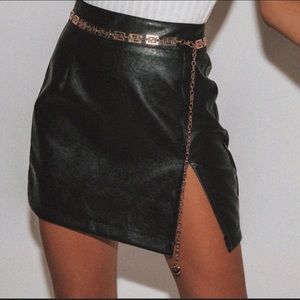 Black Faux Leather Mini Skirt with Slit